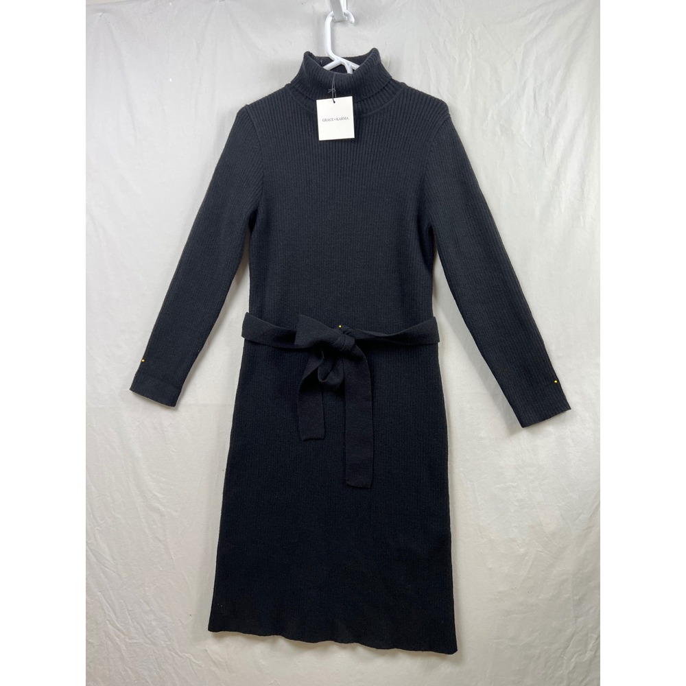 Grace + Karma Sweater Dress Women XL Black Ribbed Turtleneck Belted New Midi